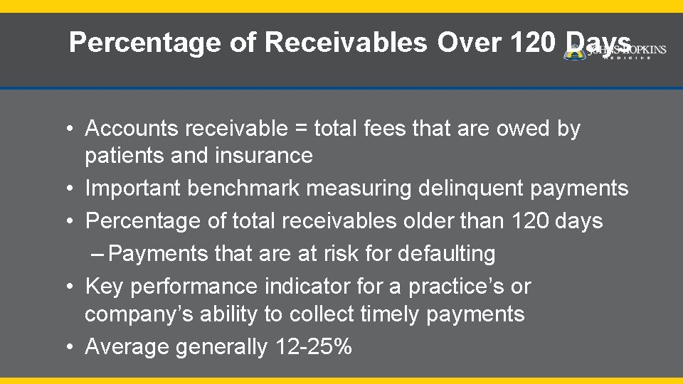 Percentage of Receivables Over 120 Days • Accounts receivable = total fees that are