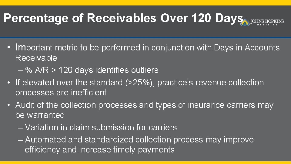 Percentage of Receivables Over 120 Days • Important metric to be performed in conjunction