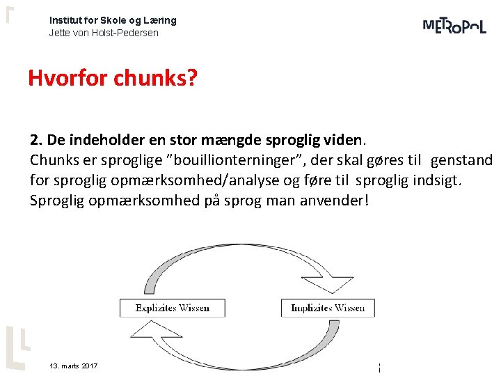 Institut for Skole og Læring Jette von Holst-Pedersen Hvorfor chunks? 2. De indeholder en