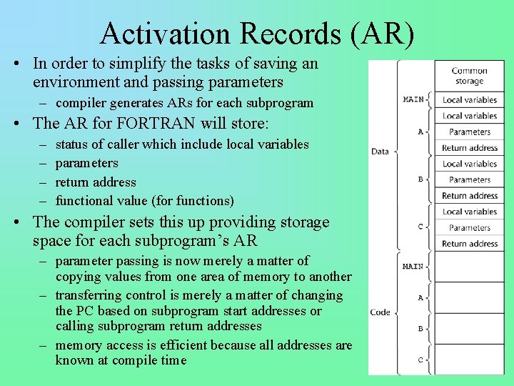 Activation Records (AR) • In order to simplify the tasks of saving an environment