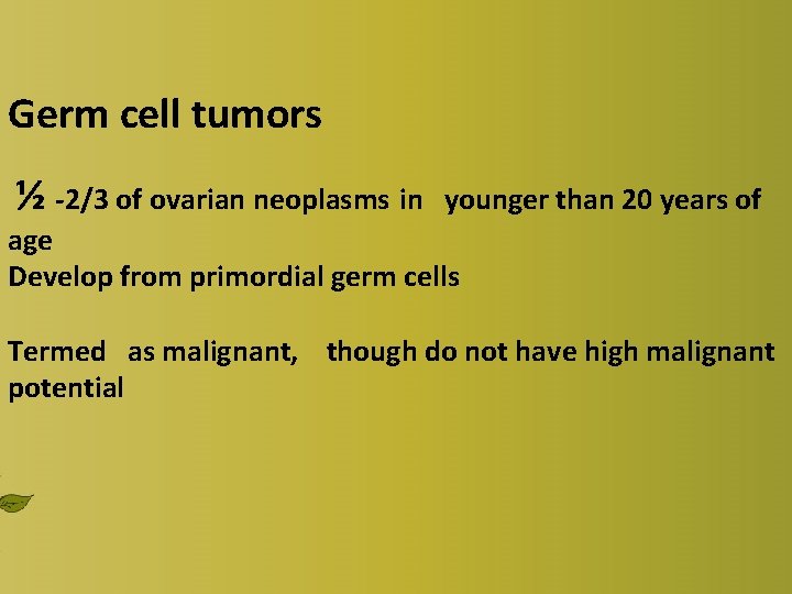 Germ cell tumors ½ -2/3 of ovarian neoplasms in younger than 20 years of