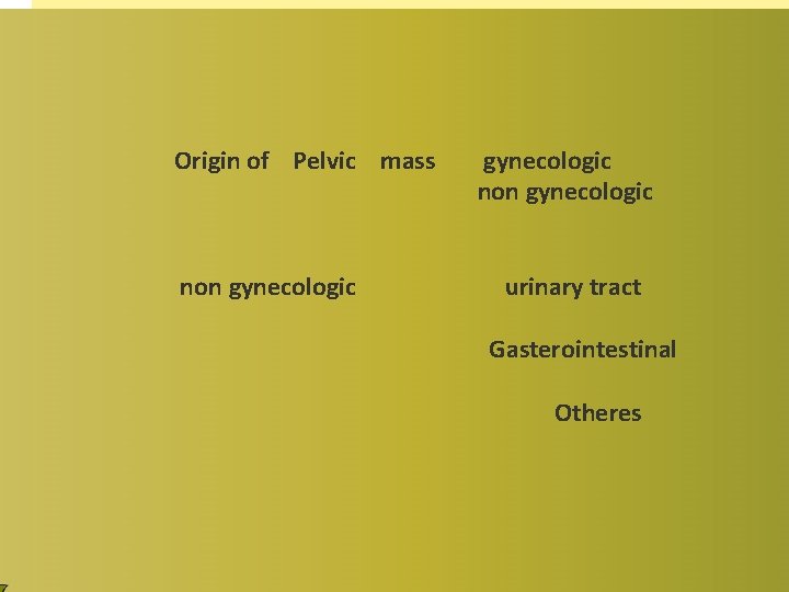 Origin of Pelvic mass non gynecologic urinary tract Gasterointestinal Otheres 