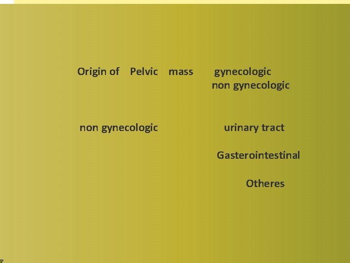 Origin of Pelvic mass non gynecologic urinary tract Gasterointestinal Otheres Origin of Pelvic mass non gynecologic urinary tract Gasterointestinal Otheres