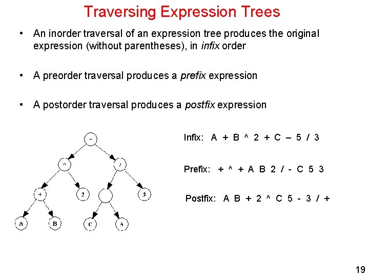 Traversing Expression Trees • An inorder traversal of an expression tree produces the original