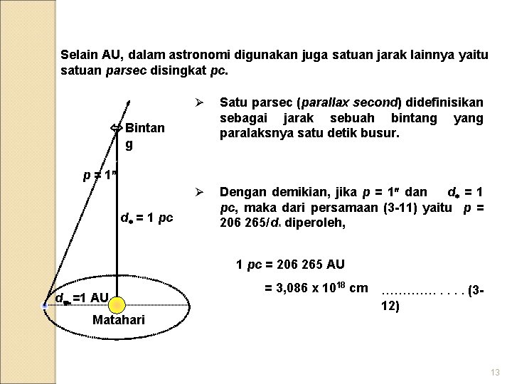 Selain AU, dalam astronomi digunakan juga satuan jarak lainnya yaitu satuan parsec disingkat pc.