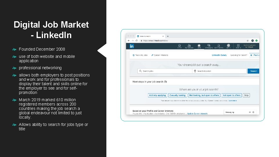 Digital Job Market - Linked. In Founded December 2008 use of both website and