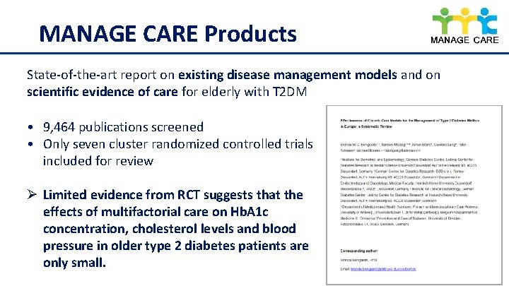 MANAGE CARE Products State-of-the-art report on existing disease management models and on scientific evidence