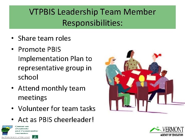 VTPBIS Leadership Team Member Responsibilities: • Share team roles • Promote PBIS Implementation Plan