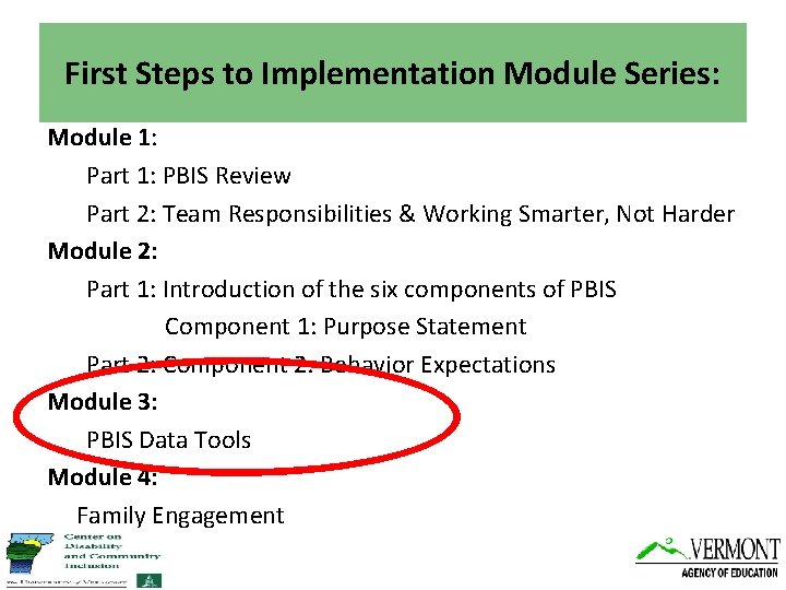 First Steps to Implementation Module Series: Module 1: Part 1: PBIS Review Part 2: