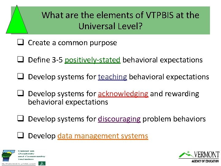 What are the elements of VTPBIS at the Universal Level? q Create a common