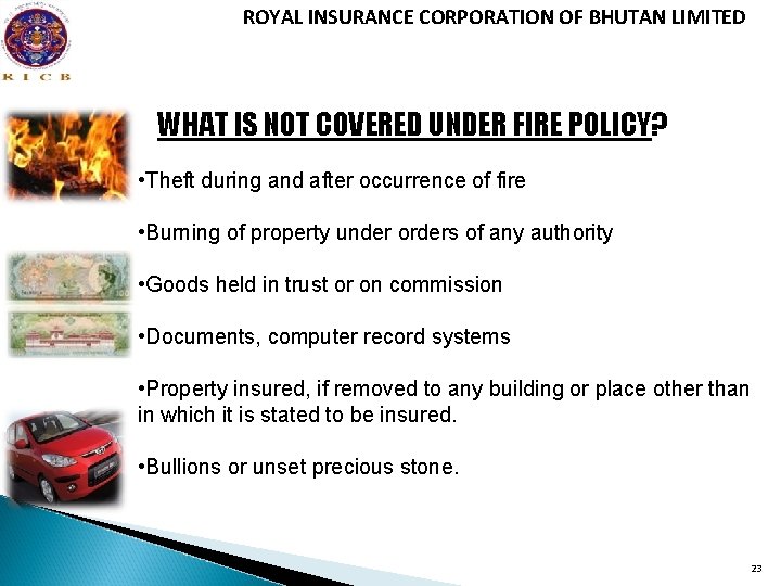 ROYAL INSURANCE CORPORATION OF BHUTAN LIMITED WHAT IS NOT COVERED UNDER FIRE POLICY? •