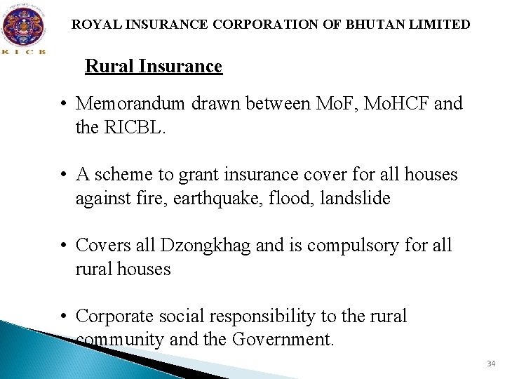 ROYAL INSURANCE CORPORATION OF BHUTAN LIMITED Rural Insurance • Memorandum drawn between Mo. F,