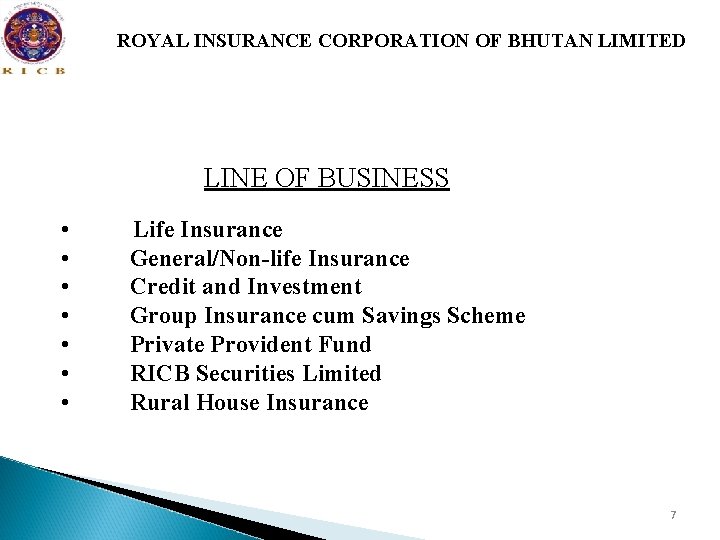 ROYAL INSURANCE CORPORATION OF BHUTAN LIMITED LINE OF BUSINESS • • Life Insurance General/Non-life