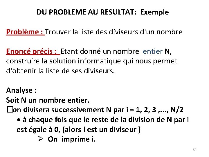 DU PROBLEME AU RESULTAT: Exemple Problème : Trouver la liste des diviseurs d'un nombre