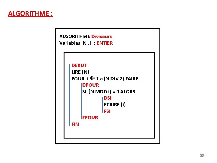 ALGORITHME : ALGORITHME Diviseurs Variables N , i : ENTIER DEBUT LIRE (N) POUR