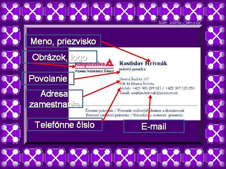 Meno, priezvisko Obrázok, logo Povolanie Adresa zamestnania Telefónne číslo E-mail 