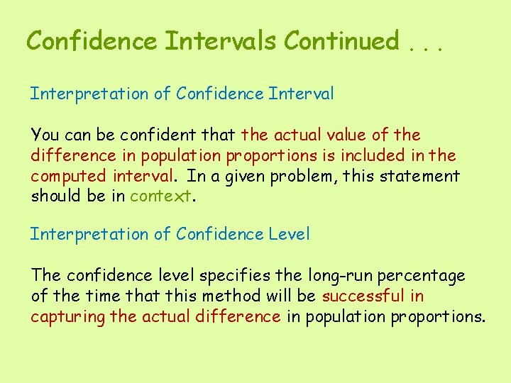 Confidence Intervals Continued. . . Interpretation of Confidence Interval You can be confident that