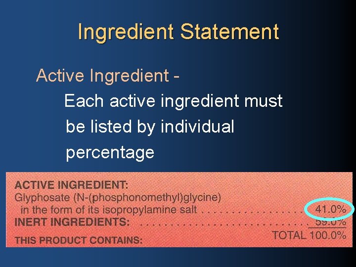 Ingredient Statement Active Ingredient Each active ingredient must be listed by individual percentage 