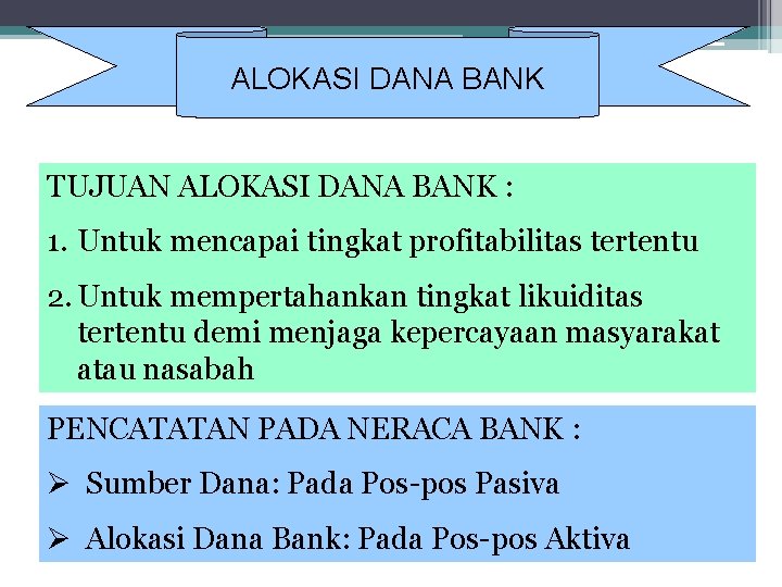 ALOKASI DANA BANK TUJUAN ALOKASI DANA BANK : 1. Untuk mencapai tingkat profitabilitas tertentu