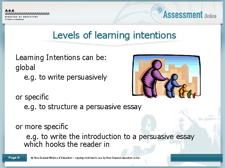 Levels of learning intentions Learning Intentions can be: global e. g. to write persuasively