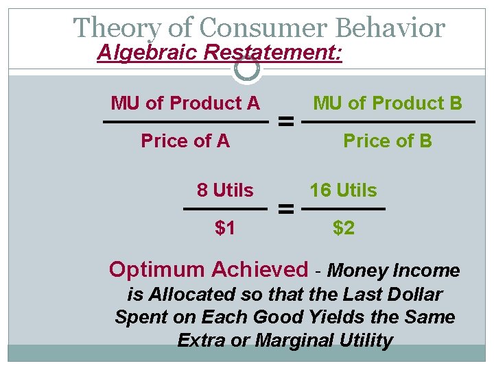 Theory of Consumer Behavior Algebraic Restatement: MU of Product A Price of A 8