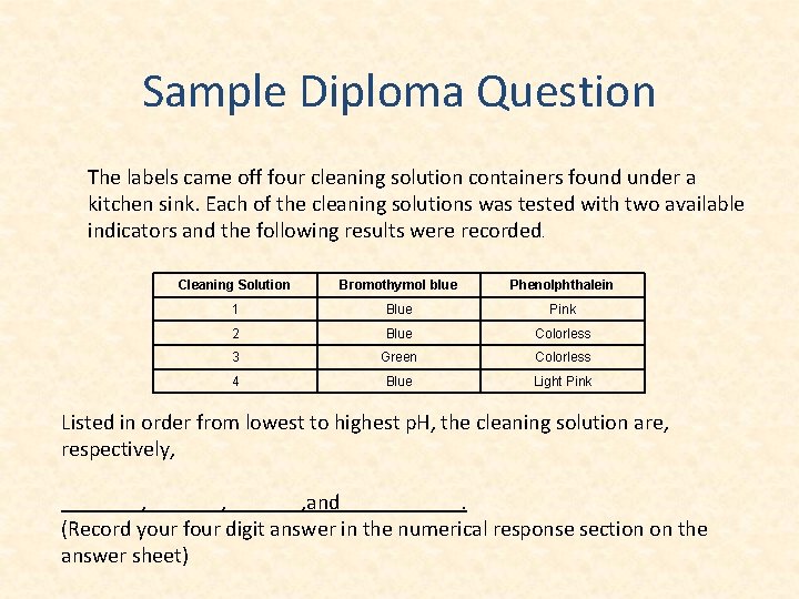 Sample Diploma Question The labels came off four cleaning solution containers found under a