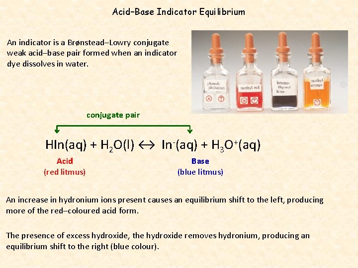 Acid–Base Indicator Equilibrium An indicator is a Brønstead–Lowry conjugate weak acid–base pair formed when
