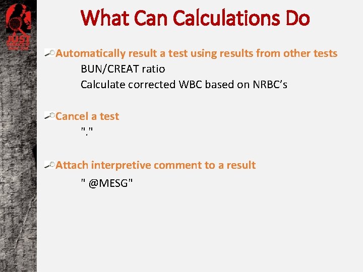 What Can Calculations Do Automatically result a test using results from other tests BUN/CREAT