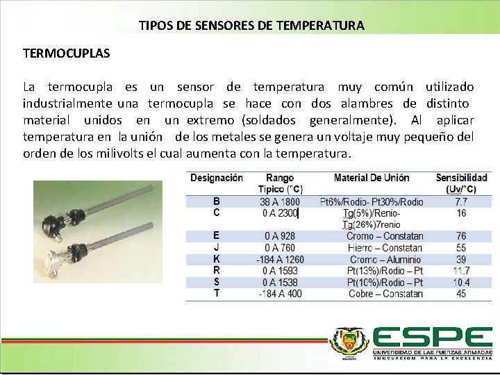 TIPOS DE SENSORES DE TEMPERATURA TERMOCUPLAS La termocupla es un sensor de temperatura muy