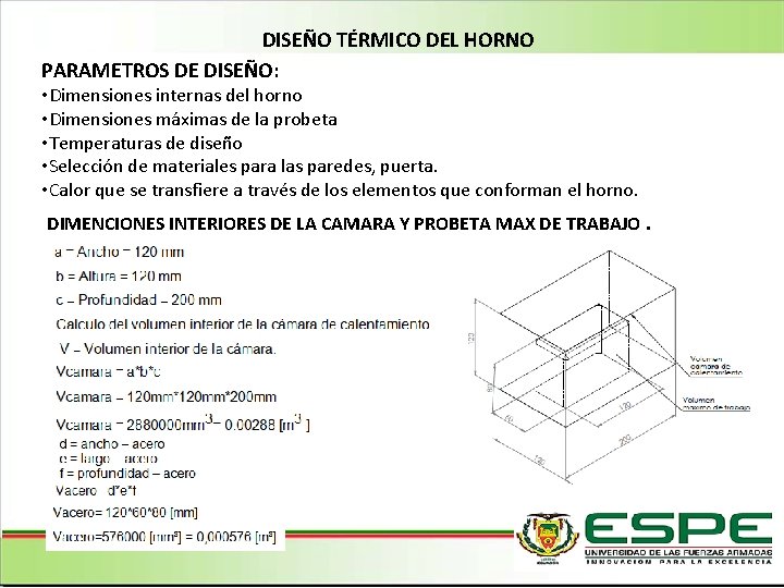 DISEÑO TÉRMICO DEL HORNO PARAMETROS DE DISEÑO: • Dimensiones internas del horno • Dimensiones