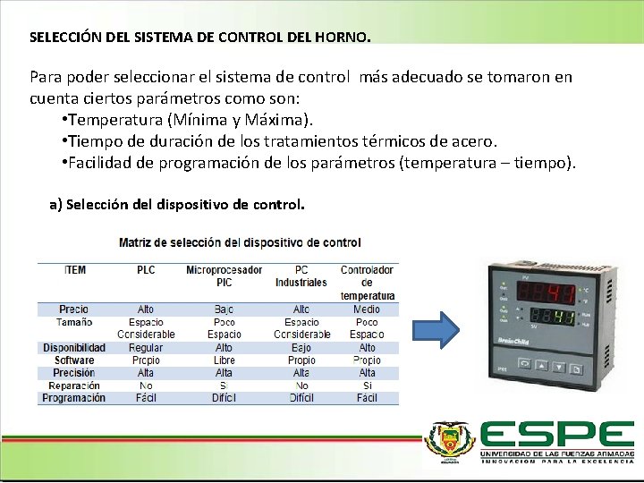 SELECCIÓN DEL SISTEMA DE CONTROL DEL HORNO. Para poder seleccionar el sistema de control