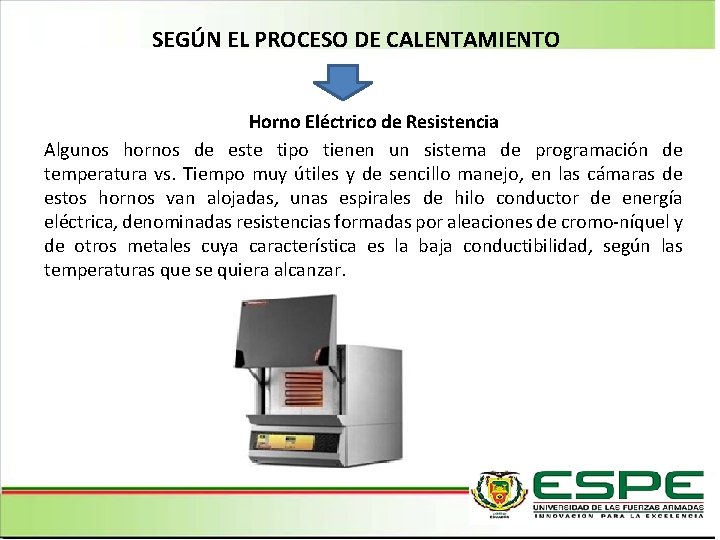 SEGÚN EL PROCESO DE CALENTAMIENTO Horno Eléctrico de Resistencia Algunos hornos de este tipo