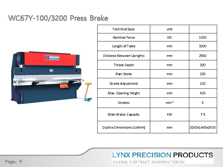 WC 67 Y-100/3200 Press Brake Page： 9 Technical Spec unit 　 Nominal Force KN