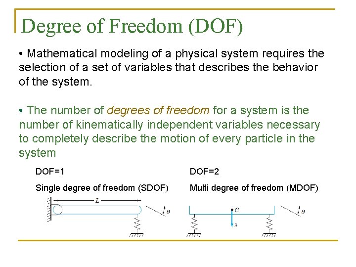 Degree of Freedom (DOF) • Mathematical modeling of a physical system requires the selection