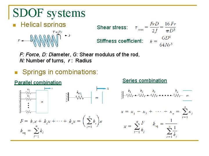 SDOF systems n Helical springs Shear stress: Stiffness coefficient: F: Force, D: Diameter, G:
