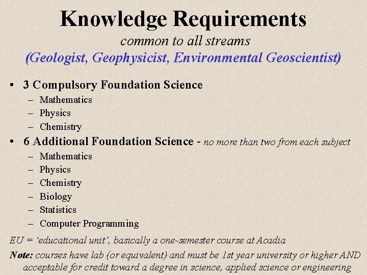 Knowledge Requirements common to all streams (Geologist, Geophysicist, Environmental Geoscientist) • 3 Compulsory Foundation