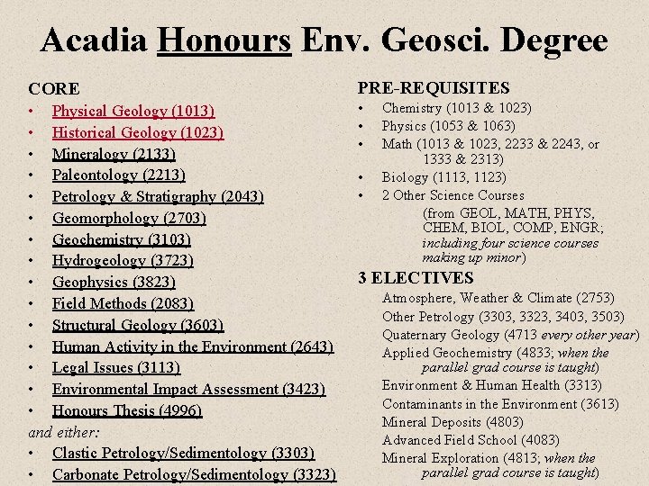 Acadia Honours Env. Geosci. Degree CORE PRE-REQUISITES • Physical Geology (1013) • Historical Geology