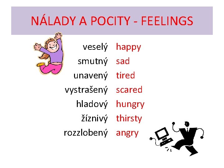 NÁLADY A POCITY - FEELINGS veselý smutný unavený vystrašený hladový žíznivý rozzlobený happy sad