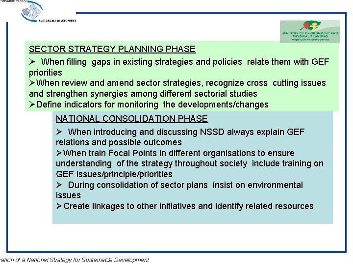 SECTOR STRATEGY PLANNING PHASE Ø When filling gaps in existing strategies and policies relate