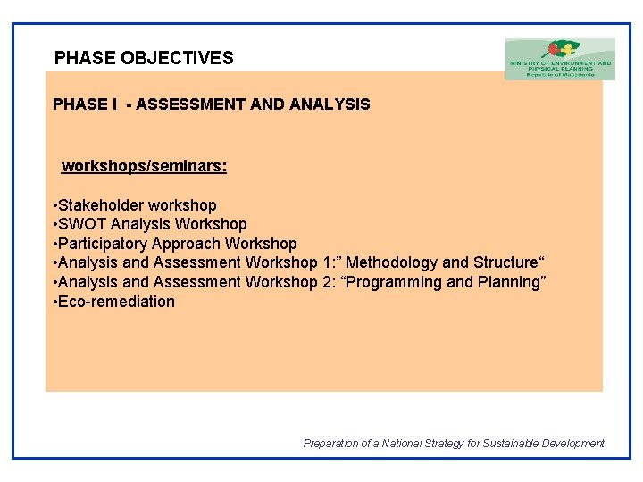 PHASE OBJECTIVES PHASE I - ASSESSMENT AND ANALYSIS workshops/seminars: • Stakeholder workshop • SWOT