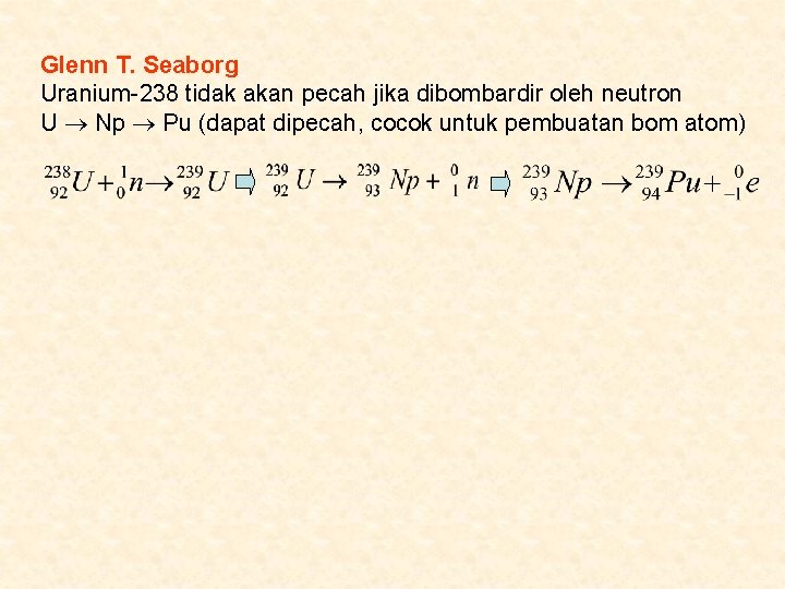 Glenn T. Seaborg Uranium-238 tidak akan pecah jika dibombardir oleh neutron U Np Pu