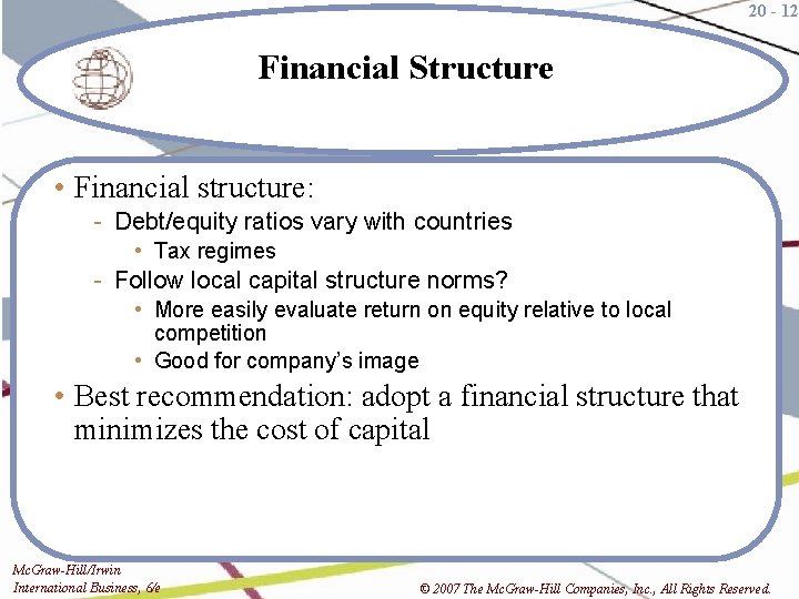 20 - 12 Financial Structure • Financial structure: - Debt/equity ratios vary with countries