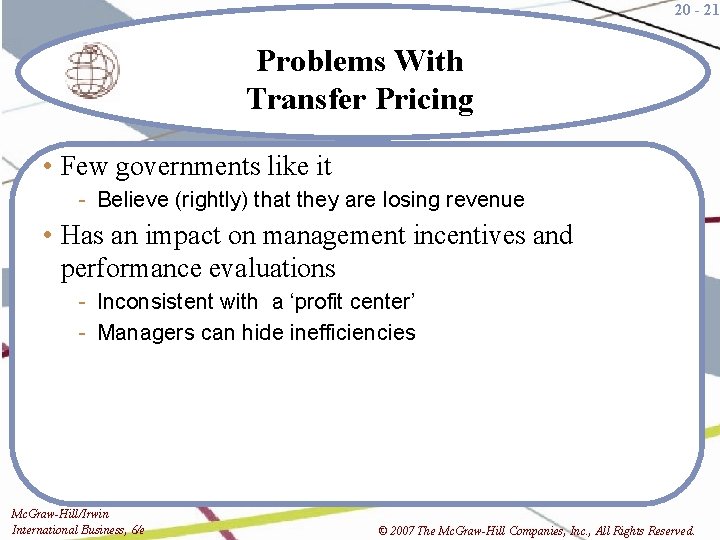 20 - 21 Problems With Transfer Pricing • Few governments like it - Believe