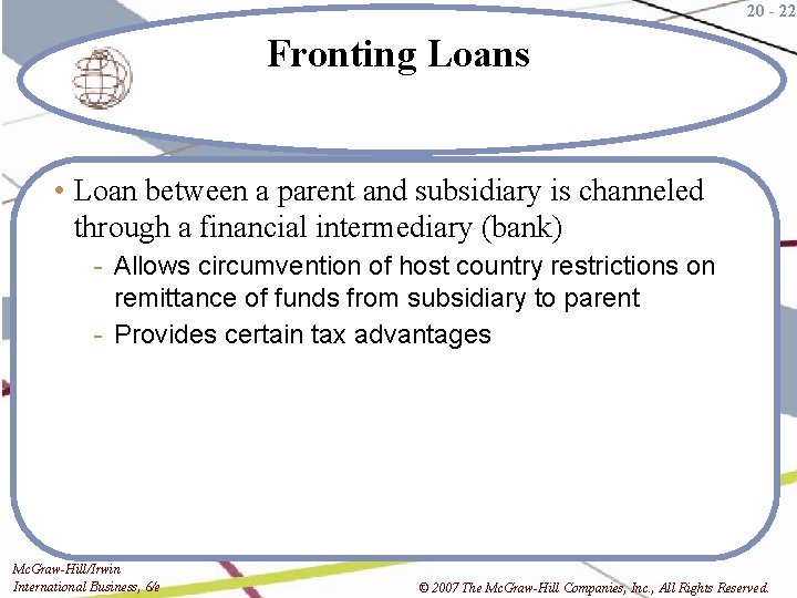 20 - 22 Fronting Loans • Loan between a parent and subsidiary is channeled