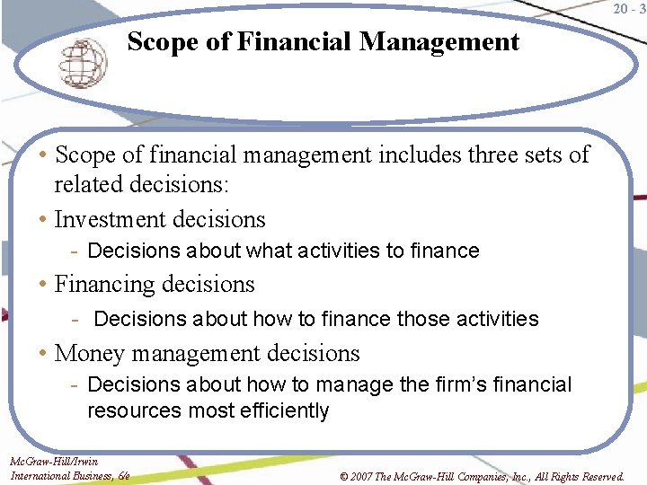 20 - 3 Scope of Financial Management • Scope of financial management includes three