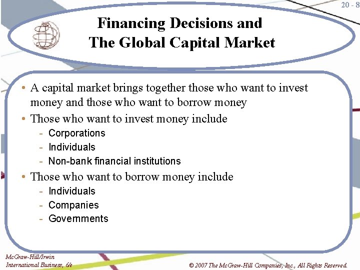 20 - 8 Financing Decisions and The Global Capital Market • A capital market