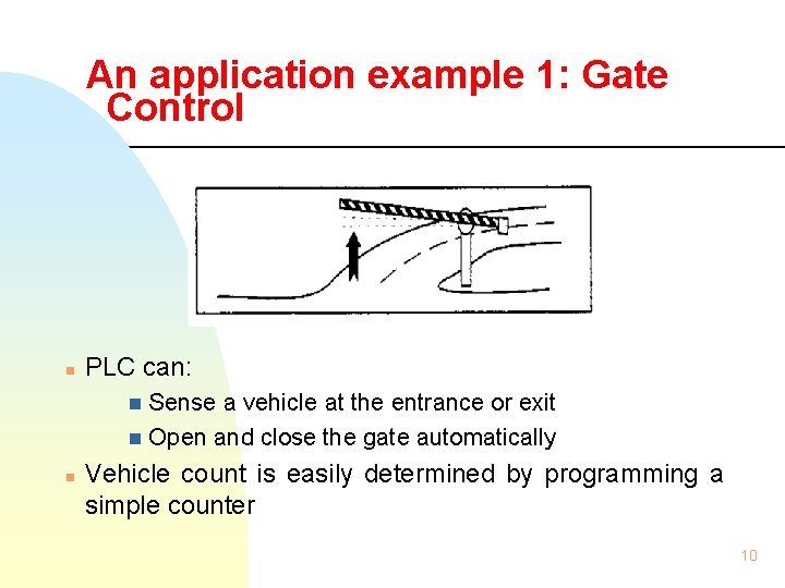 An application example 1: Gate Control n PLC can: Sense a vehicle at the