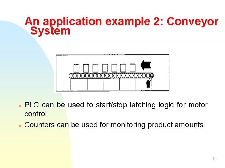 An application example 2: Conveyor System n n PLC can be used to start/stop