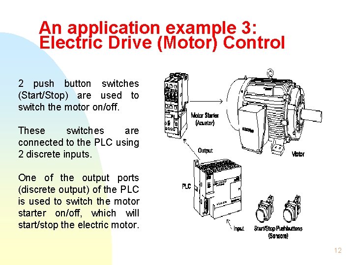 An application example 3: Electric Drive (Motor) Control 2 push button switches (Start/Stop) are