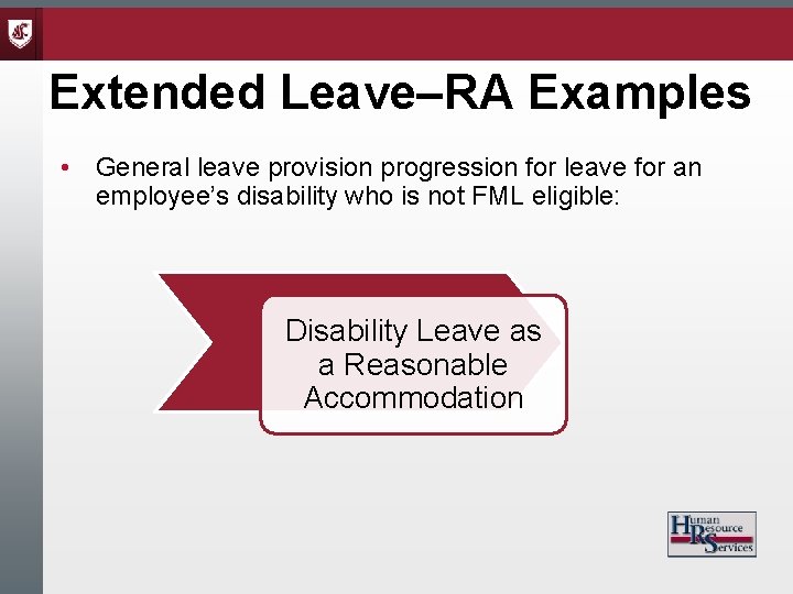Extended Leave–RA Examples • General leave provision progression for leave for an employee’s disability
